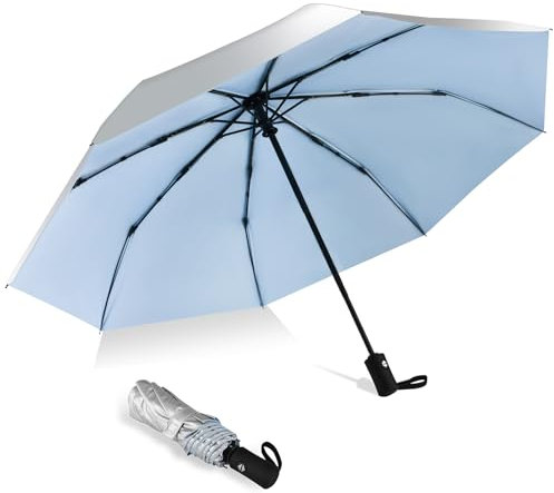 HEXSOLID 46 Inch UV Regenschirm UPF 50+ Automatik Reise Sonnenschirm Ultralight Umbrella Winddichter Regenschirm Mit 8 Rippen für Herren und Damen (Silber/Blau, 42inch)