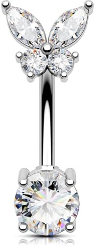OUFER 14G Schmetterling Bauchnabelpiercing Chirurgenstahl 316L Blume Bauchnabelring Transparente CZ Belly Button Piercing Körperpiercing für Damen 10 mm
