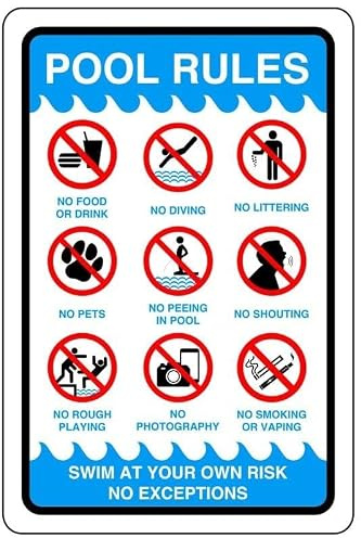 Pool rules - No swimming, No diving, No Sailing, Deep Water - 1.2mm Rigid plastic for indoor/outdoor usage (300mm x 200mm) Viewing Distance within 7m.