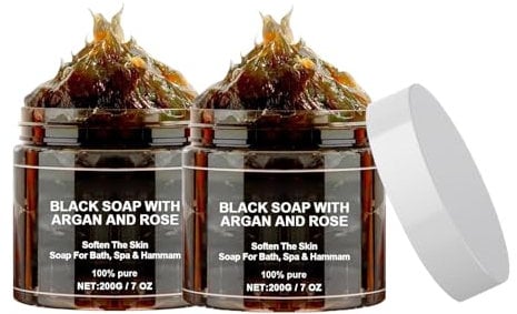 2PC Morocco Soap Body Scrub Soap With Argan And Rose, Blacks Bar Exfoliating,Smooth Body, Moroccan BlackSoap Hammam Bar Dispenser Bathroom