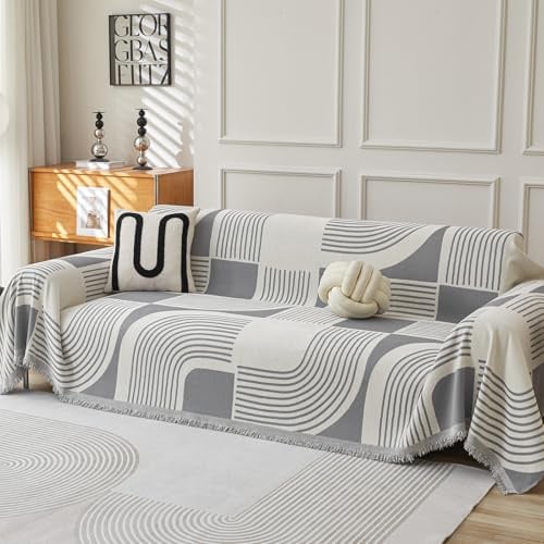 WEYOND Boho Sofa Überzug, Sofabezug, Couch Überwurf, 230 x 380 cm, Grau | Chenille Sofa Cover, Waschbar Sofa Überwurfdecke, Sofaschoner Hund & Sofaschutz Katze, Sofahusse für 2/3/4 Sitzer