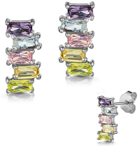E-h collection Baguette Ohrstecker, 925 Silber, Multicolor Zirkonia, 6 mm, Vergoldet oder Rhodiniert (925 Silber rhodiniert)