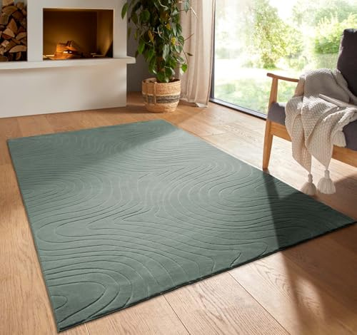 Kurzflor Boho Vintage Teppich waschbar, pflegeleicht geeignet für Wohnzimmer, Schlafzimmer und Kinderzimmer Kinderteppich auch als Badematte Badzimmerteppich Grün abstrakte Wellen 120 cm rund