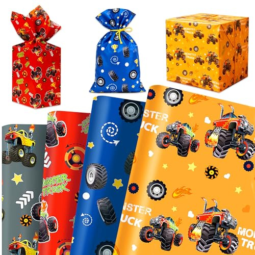 Monster Truck Geschenkpapier Geschenkverpackungspapier 68.58X50.8cm | 12 Blatt Monster Truck Geschenkpapier Geschenkverpackungspapier 68.58X50.8cm Schwarz orangefarbener Truck für Geburtstag