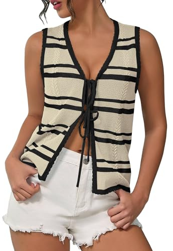 IEEILULU Tops Chaleco de Ganchillo para Mujer - Chalecos de Punto sin Mangas, Top de Verano Casual con Lazo Delantero, Cute Tanqueta, Rayas Beige y Negro, Talla L