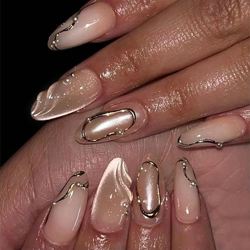 Xanthelle Press on Nails, short press on nails & stick-on nails, Gold Nude Cat Eye Almond Fake Nails with Magnetic Gradient & Pearl Design, 24 Pieces for Women