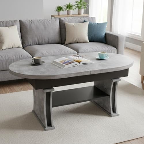 designimpex DA-130 Couchtisch oval Beton/Schwarz matt ausziehbar 130 bis 170 cm höhenverstellbar 60-75 cm Ablage modern ovaler Wohnzimmertisch Esstisch Beistelltisch Sofatisch platzsparend Wohnzimmer