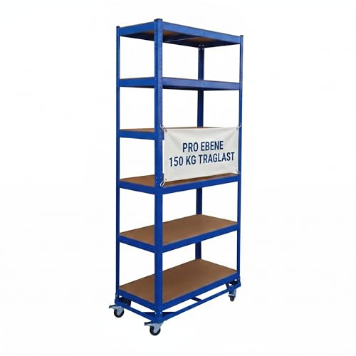 Relaxdays Schwerlastregal auf Rollen, HxBxT: 209 x 90 x 40 cm, 900 kg, 6 Böden, Stahl, Stecksystem, Lagerregal, blau