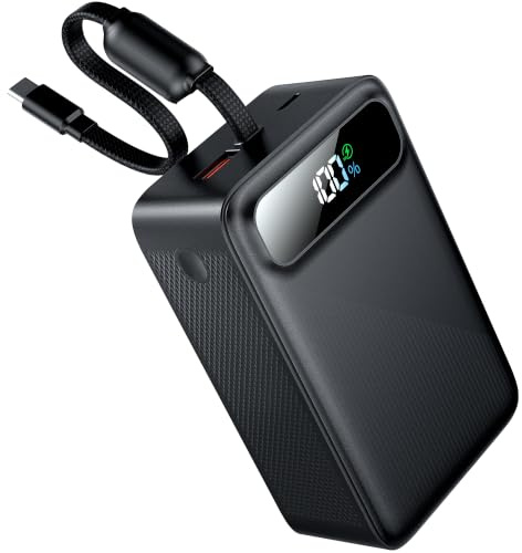 65W 26800mAh Power Bank Fast Charging, Portable Charger for Laptop & Phone, PD Battery Pack with Smart Display, 2 Built-in Cables (USB-C & Lighting), Dual Port for Phone, Tablet, Travel, Camping