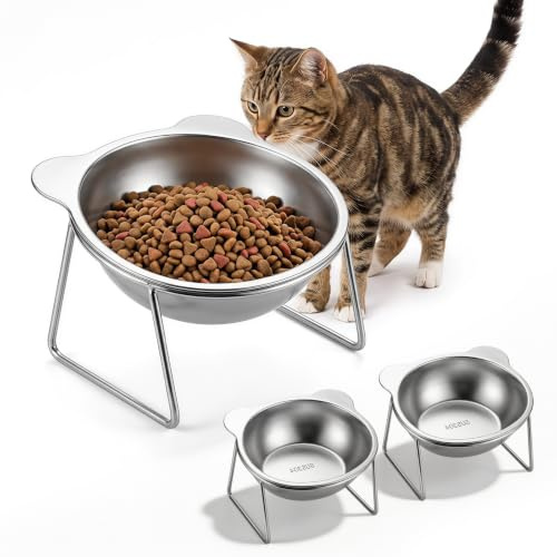 3 Pack Raised Cat Bowls with Stand, Elevated Cat Bowls 11x13x11.5cm | Stainless Steel, Cat Feeding Bowls Whisker Friendly Non Slip Cat Food Bowl with 4 Legs for Indoor Outdoor