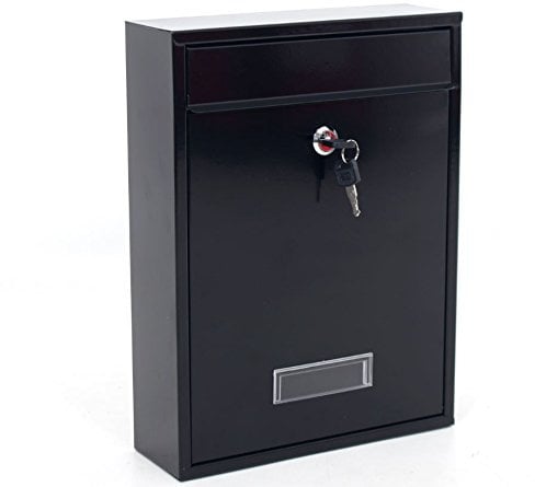 Black Wall Mounted Post Box - Lockable Outside Mail Box with Letter Collection Flap - Galvanised Steel with Powder-Coated Finish - Pre-Drilled for Easy Installation, Mounting Accessories Included
