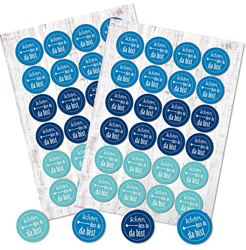 Logbuch-Verlag 48 Sticker Schön dass du da bist Aufkleber blau türkis hellblau Ø 4 cm Gastgeschenk Willkommensgeschenk Etiketten