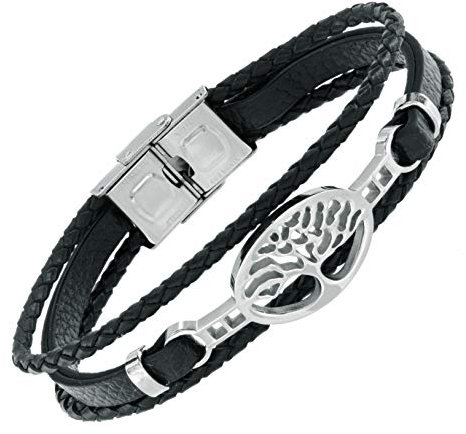 TEMPUS FUGIT. Pulsera Arbol de La Vida para Hombre de Piel y Acero Inoxidable Antialérgico