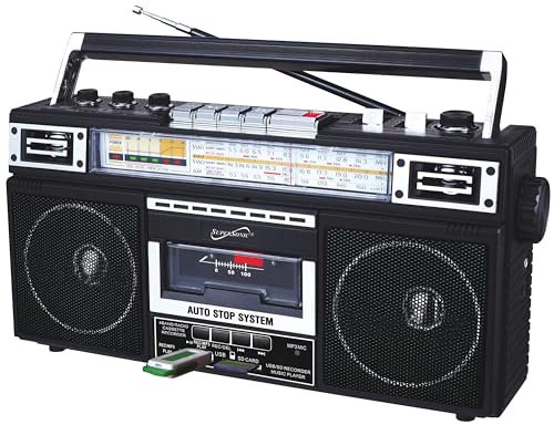 Supersonic SC-3201BT - Radio de 4 Bandas y Reproductor de Casete Boombox, Altavoz Bluetooth, Radio Am/FM/SW con reproducción de MP3, USB y Tarjeta SD, Ecualizador de 3 Bandas y Conector para
