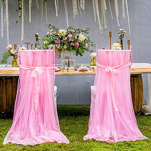 Egurs 2 Stück Hochzeit Stuhlhussen Romantik länger Tüll Stuhlüberzug Stuhlbezug für Hochzeit Weihnachten Haus Party Dekoration 2.6m*1.6m Pink