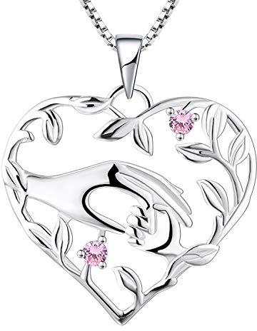 YL Mama Kette 925 Sterling Silber Oktober Geburtsstein Rosa Zirkonia Mutter halten Kinderhand Anhänger Halskette Geschenke für Mama