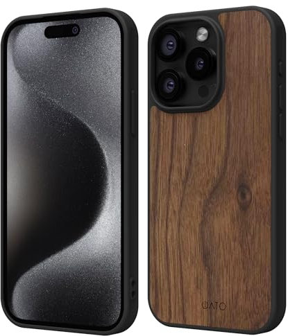 iATO iPhone 15 Pro Max Magnetic Wood Case. Unique & Classy Shockproof Protective Cover. Compatible with MagSafe & Wireless Charging Real Wooden Overlay on Soft Black TPU - Natural Walnut