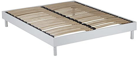 Maison Aubertin Sommier Selena 180x200 cm Blanc, à Latte, 2 Personnes, Technologie Bi-Lattes, 4 Zones de Confort, Structure en Bois Massif et MDF Solide, Pieds Inclus, Lit Ergonomique, Montage Facile