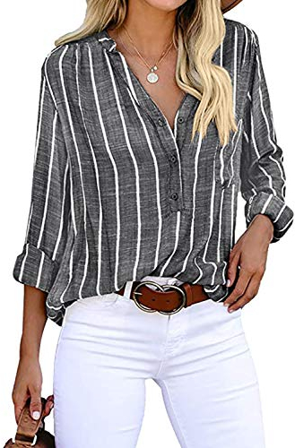 Cindeyar Bluse Damen Langarm Streifen Oberteile Casual Langarmshirt Tops Lose Baumwolle Tunika Hemd (XL, Schwarz)