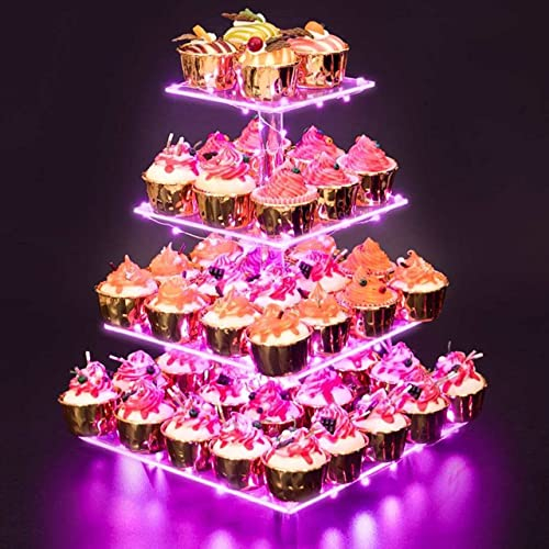 4 Tier Acrylic Cupcake Stand Dessert Display with LED string lights Premium Party Decor space saving Ideal for Weddings Birthdays Perfect for cakes fruits Wonderful gift for your friends and family