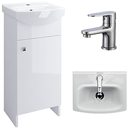 VBChome Meuble de salle de bain blanc 40 cm Robinetterie lavabo avec meuble sous lavabo Meuble sous-lavabo Meuble de salle de bain 2 portes brillant