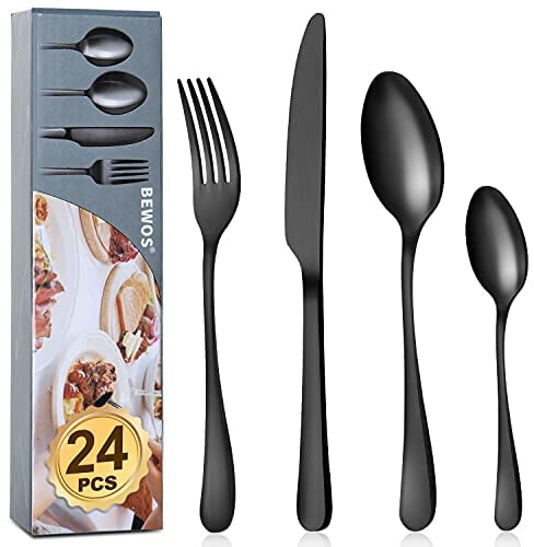 BEWOS 24 pièces Ensemble de couverts noir mat de haute qualité en acier inoxydable, couverts set fourchettes, couteaux, cuillères, service pour 6, passe au lave-vaisselle
