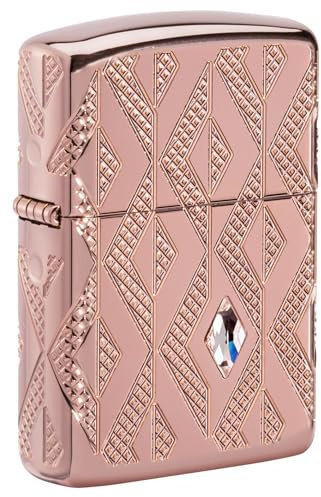 Zippo Sturmfeuerzeug - Geometric Diamond Pattern, High Polish Rose Gold, MultiCut-Crystal Attached - Nachfüllbar - Wiederverwendbar - Windfestes Design - Geschenkbox - Made in USA