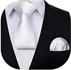HISDERN Krawatte für Herren Weiß - Krawatte mit Einstecktuch Krawattenklammer Hochzeit Einfarbig Seide Krawatten und Taschentuch Set für Männer