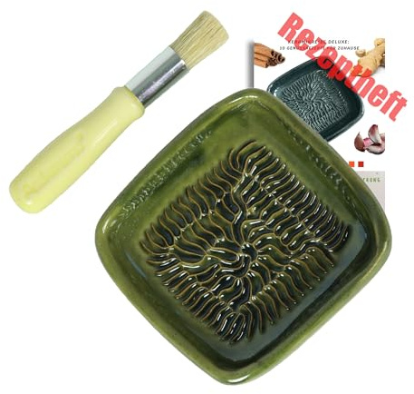 ANCKERAMIC® Ceramico Reibeteller & Backpinsel mit Naturborsten, Set aus Keramik für Knoblauch, Ingwer, Muskat, Handmade (Olivgrün/Gelb)