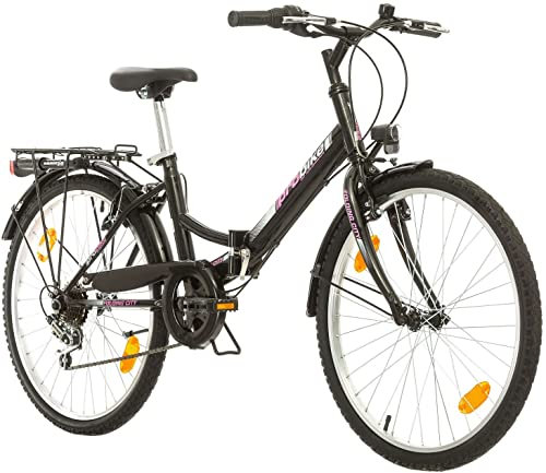 Multibrand Folding City, 24 Zoll Komfort Damen Klapprad, 6 Gang, V-Bremse, Fahrrad-Licht, Kotflügel, Fahrradträger, für Damen und Mädchen geeignet ab 135-160 cm (Schwarz mit Pink & Grau)