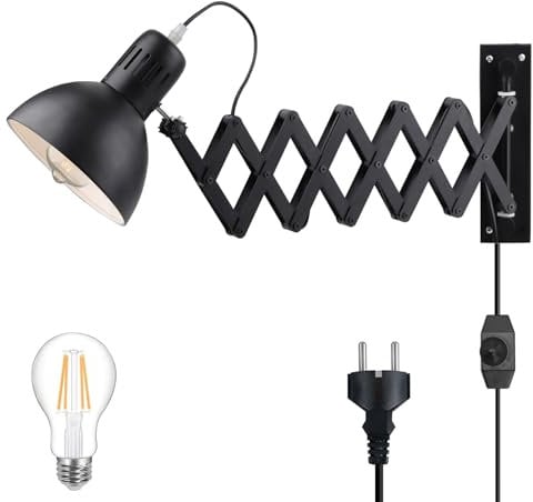 Innen Wandleuchte Dimmbare mit Stecker und Schalter, Vintage Ausziehbar Schere Wandlampe, Erstellbare Leselampe, E27 Drehbare Nachttischlampe, Wandbeleuchtung Wohnzimmer, Schlafzimmer, Büro, Schwarz