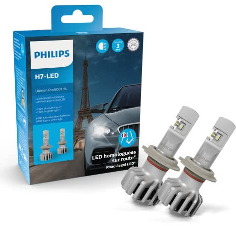 Philips Ultinon Pro6001 H7-LED, Première Ampoule LED pour éclairage avant Automobile Homologuée sur Voie Publique en France, jusqu'à 230% de Luminosité en plus, Set de 2, 5.800K