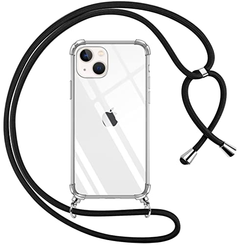 Pnakqil Cover per iPhone 14/iPhone 13 con Cordino, Trasparente Custodia con Laccio Tracolla Cellulare Girocollo Collana Protettiva per iPhone 13 6.1, Nero