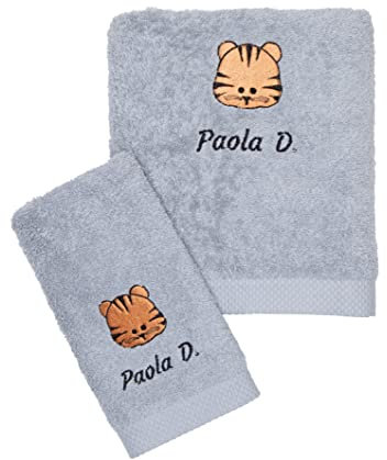 Toallas Bordadas Personalizadas con Animales (Personaliza Nombre,Tipo de Letra, Animal y Color).Toallas para guarderia-Regalo Personalizado (Toalla Gris Plata)