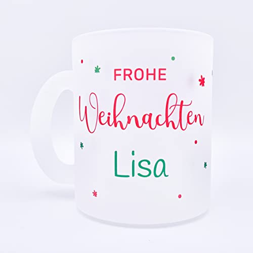 Personalisierte Glastasse Glitzer Tasse Weihnachtstasse mit eigenen Namen. Schöne Geschenkidee für Oma, Opa, Mama, Papa, Freundin, Glühwein, Kakao, Kinder, Nikolausgeschenk (Frohe Weihnachten, Glas)