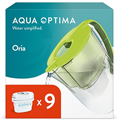 Aqua Optima Oria Wasserfilterkanne & 9 x 30 Tage Evolve+ Wasserfilterkartusche, 2,8 Liter Fassungsvermögen, zur Reduzierung von Mikroplastik, Chlor, Kalk und Verunreinigungen, Grün