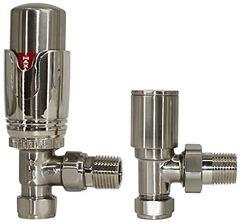 Warmehaus Angled Thermostatic Radiator Valve and Lockshield Satin Nickel | Solid Brass, 15mm Inlet, 1/2” BSP MI Outlet, TRV