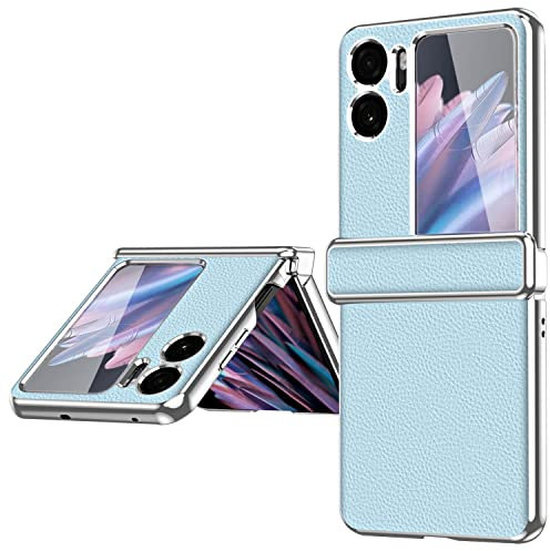 NINKI Leather Case Compatible for Oppo Find N2 Flip Case with Screen Protector, Magnetic Hinge Protection Camera Protection Plating Frame Lightweight Anti-Fall Case Cover for Oppo Find N2 Flip Blue