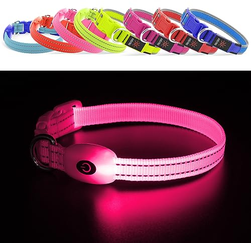 Wiederaufladbares LED-Welpenhalsband, YFbrite LED-Katzenhalsband, Bequem Leuchtende Welpenhalsbänder, Verstellbares Reflektierendes Welpen-Gehlichthalsband für Sicherheit (Rosa, XS)