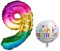 Luftballon 9. Geburtstag • XXL Riesen Folienballon SET • 101cm + 45 cm Ballon + 5M Deko Band • Folienballon 9 • Helium geeignet • Wiederverwendbar • Geburtstagsdeko Jungen Mädchen Ballon Zahl Ballon 9