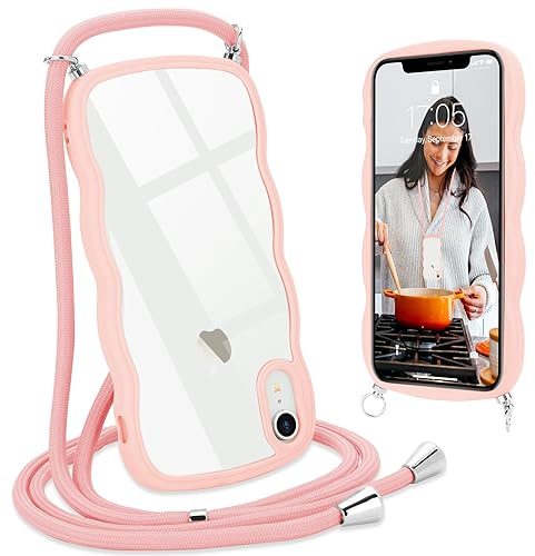 L-FADNUT Handykette für iPhone XR Hülle mit Band, Silikon Wellen Rahmenform Handyhülle mit Kordel zum Umhängen, Transparent Schutzhülle Case für iPhone XR, Rosa
