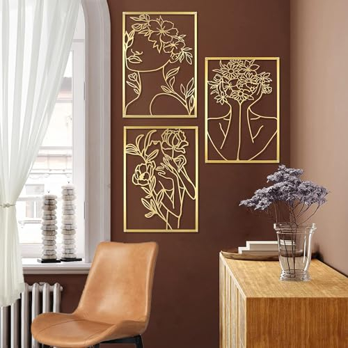 Yuaaoh Decorazione da Parete in Metallo Oro 3 Pezzi Scultura in Ferro da Parete Scultura Donna da Parete Decorazioni Moderni da Parete Minimalista per Casa Ufficio Soggiorno dell'hotel (40 * 28CM)
