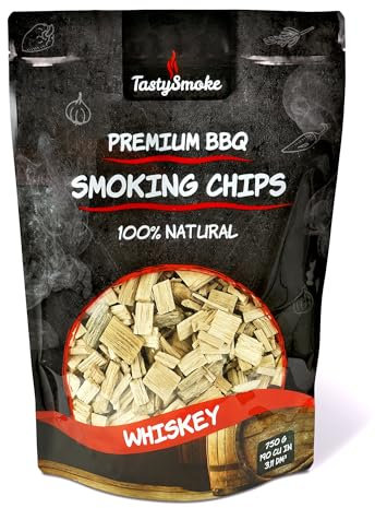 TastySmoke® Trucioli per affumicatura di alta qualità – 100% legno di quercia per un intenso aroma di fumo di whisky, ideale per barbecue, affumicatore, barbecue, 750 g di legno affumicato per carne,