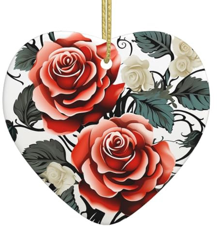 Floral Rose Efeu mit Blättern Frühling Weihnachtsschmuck Keramik Ornament Herz Ornament für Weihnachtsbaum Herz Keramik Hängend für Weihnachtsbaum Weihnachten Hängende Dekorationen für Outdoor Indoor