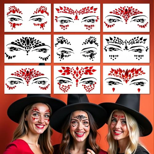 Face Gems Adhesive Glitter Jewel Tattoo Sticker Festival Gems Rave Party Body Make Up (9 PCS RED-A)