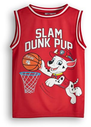 PAW PATROL Jungen Marshall Basketball Trikot | Kinder Slam Dunk Welpen Sportoberteil in Rot | Feuerwehr Dalmatiner Welpen Grafik-Sportbekleidung | Kinder-Sporttagbekleidung Karikatur Merchandise