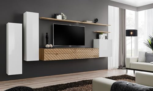 All4All Wohnwand SW I mit Lamellen - Wohnzimmermöbel - Schrankwand für Wohnzimmer - Wohnzimmerschrank - Anbauwand - Oberschrank - Wohnwand Hängend - Modern - Wotan+Schwarz 21