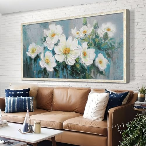 Ardemy Weiße Blumen, Wandkunst, Leinwand, Magnolie, Blaugrün, 3D-Strukturbild, Gold-Türkisblau, Gemälde für Wohnzimmer, Schlafzimmer, Badezimmer, Zuhause, Büro, Wanddekoration, große Holzmaserung,