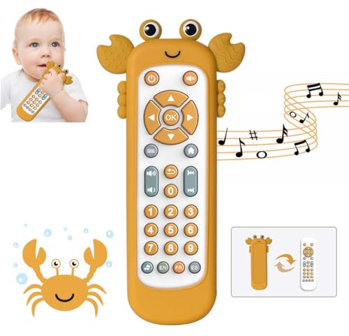 KOESMG Baby TV Telecomando con Morbido Silicone Massaggiagengive Carino, Giocattolo Musicale Realistico Remoto con Luce e Suono, in 3 Lingue per Ragazzi e Ragazze (Giallo)