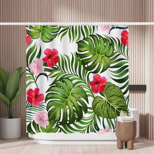 Woutay Shower Curtain Mould Proof Resistant Tropical Green Palm Leaves and Hibiscus Flower,Water Repellant Fabric,Polyester,with 12 Plastic Hooks,Size 180x180CM